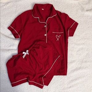 Women's Red Pajama Set with Heart Detail